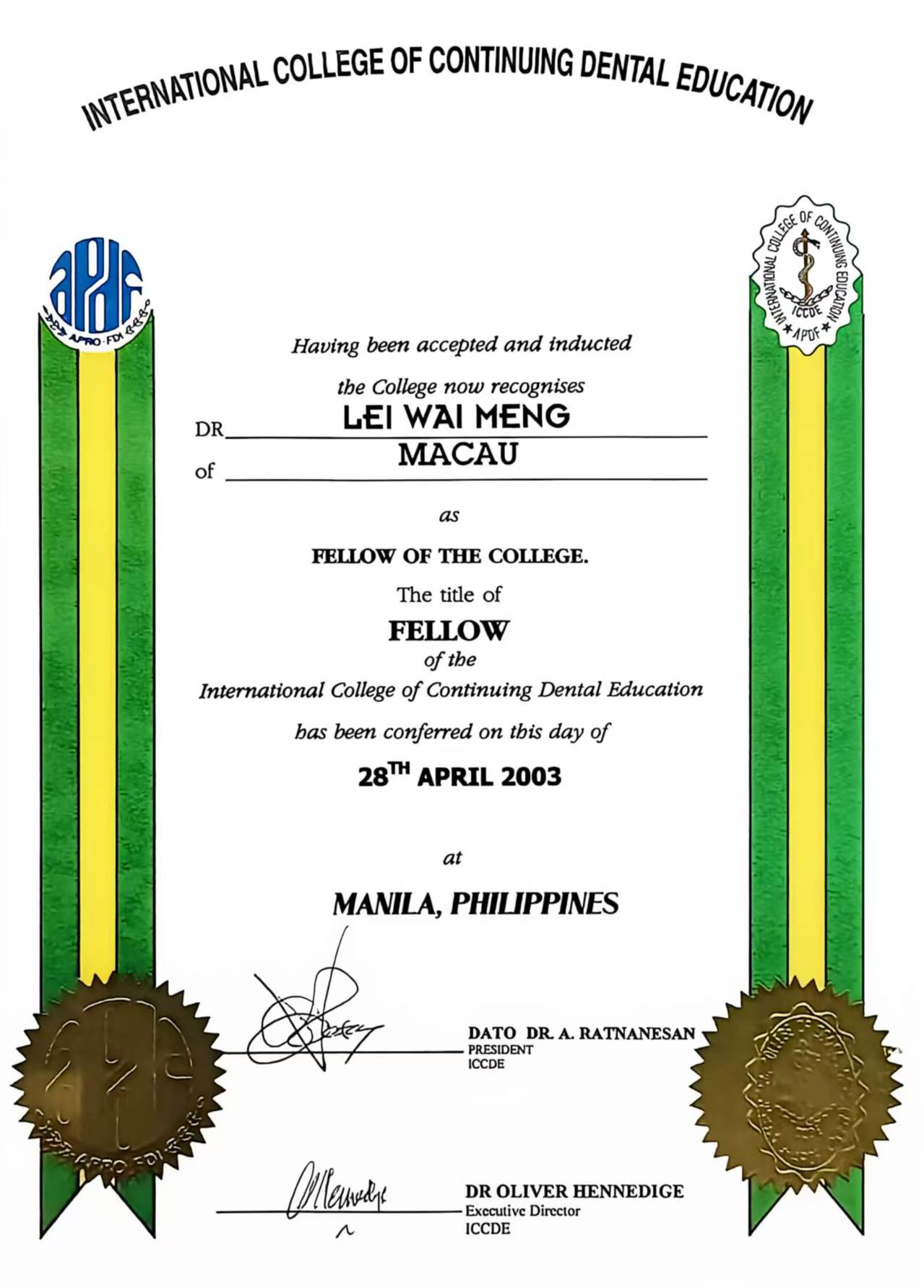 Dr. LEI WAI MENG · Fellow, International College of Continuing Dental Education